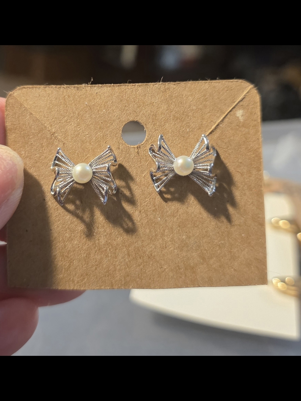 Silver Bow Pearl Stud Earrings - Elegant Women Jewelry